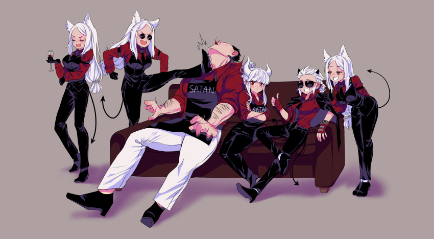 1boy, 5girls, absurdres, apron, black_apron, black_hair, black_jacket, black_necktie