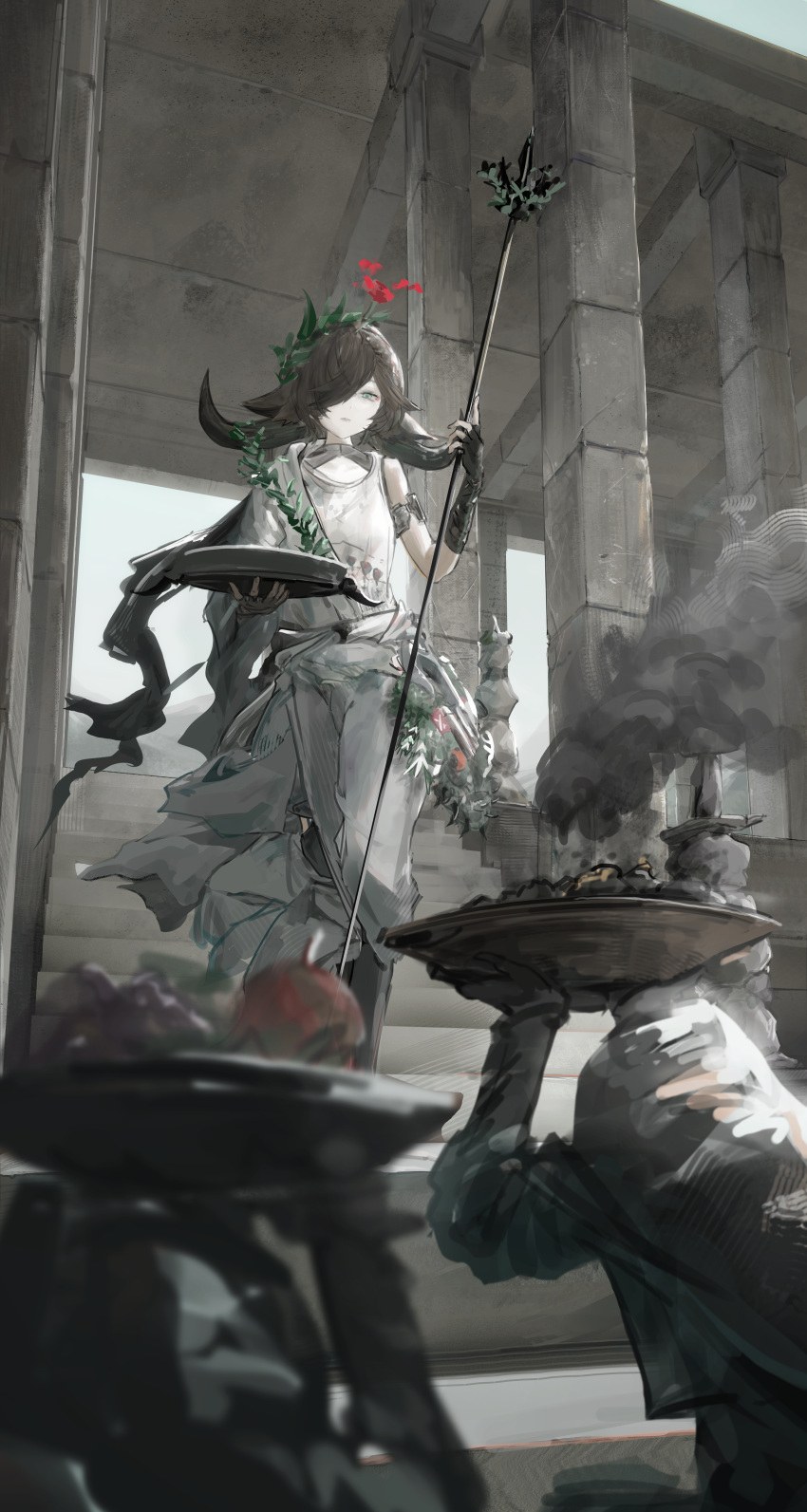 1girl, 2others, absurdres, animal_ears, apple, arknights, armband, black_hood, black_pantyhose, blurry, blurry_foreground, brown_gloves, brown_hair, commentary, cow_ears, cow_girl, cow_horns, expressionless, feet_out_of_frame, fingerless_gloves, flower, flower_on_head, food, fruit, gloves, greco-roman_clothes, grey_eyes, hair_over_one_eye, highres, holding, holding_staff, holding_tray, hood, horns, long_hair, looking_down, multiple_others, muted_color, nueegochi, outdoors, pallas_(arknights), pallas_(heritage)_(arknights), pantyhose, ponytail, red_flower, religious_offering, roman_clothes, smoke, solo_focus, staff, stairs, toga, tray, very_long_hair
