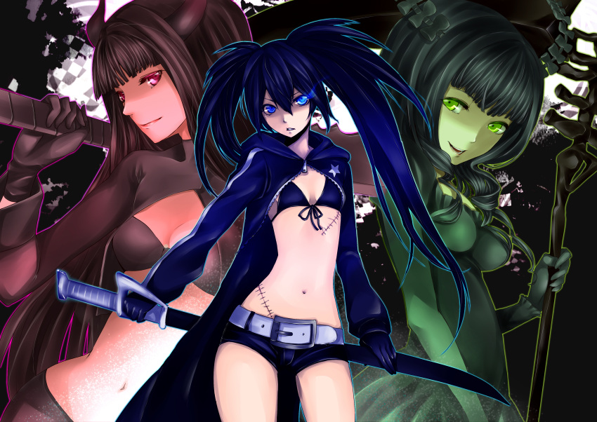 absurdres, bad_id, belt, bikini_top, black_gold_saw, black_hair, black_rock_shooter, black_rock_shooter_(character)