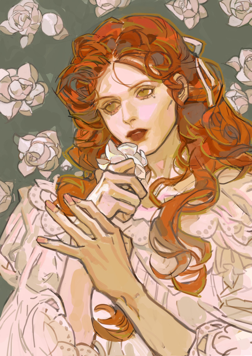 1boy, blue_background, commentary, crossdressing, curly_hair, dress, english_commentary, eyelashes, floral_background, flower, green_eyes, hair_ribbon, helium_raven, highres, holding, holding_flower, karasminamino, lace_dress, lipstick, long_sleeves, looking_ahead, makeup, male_focus, mole, mole_under_eye, nail_polish, orange_hair, original, otoko_no_ko, parted_lips, pink_nails, red_lips, ribbon, rose, sidelocks, solo, upper_body, white_dress, white_flower, white_ribbon, white_rose