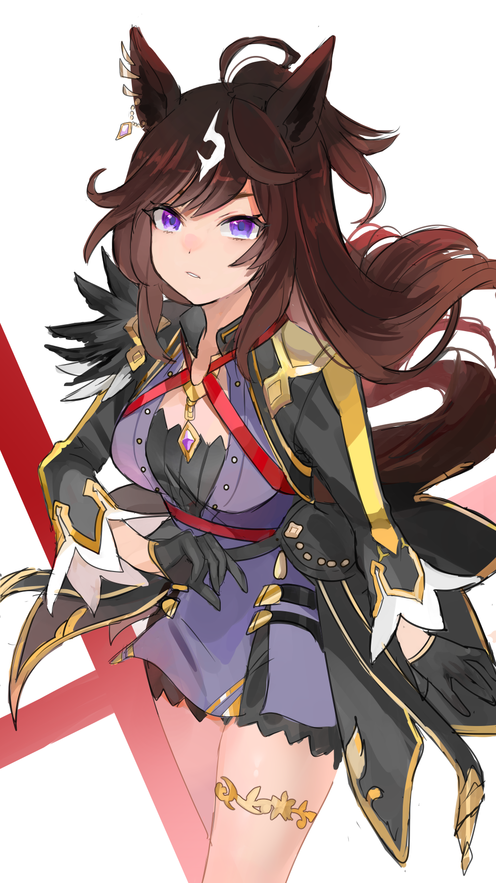 1girl, ahoge, animal_ears, black_gloves, black_jacket, blue_eyes, brown_hair, duramente_(umamusume)