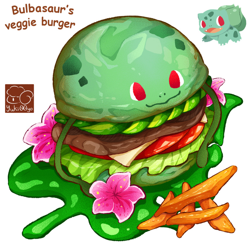 artist_logo, bulbasaur, burger, claws, english_commentary, english_text, fangs, flower
