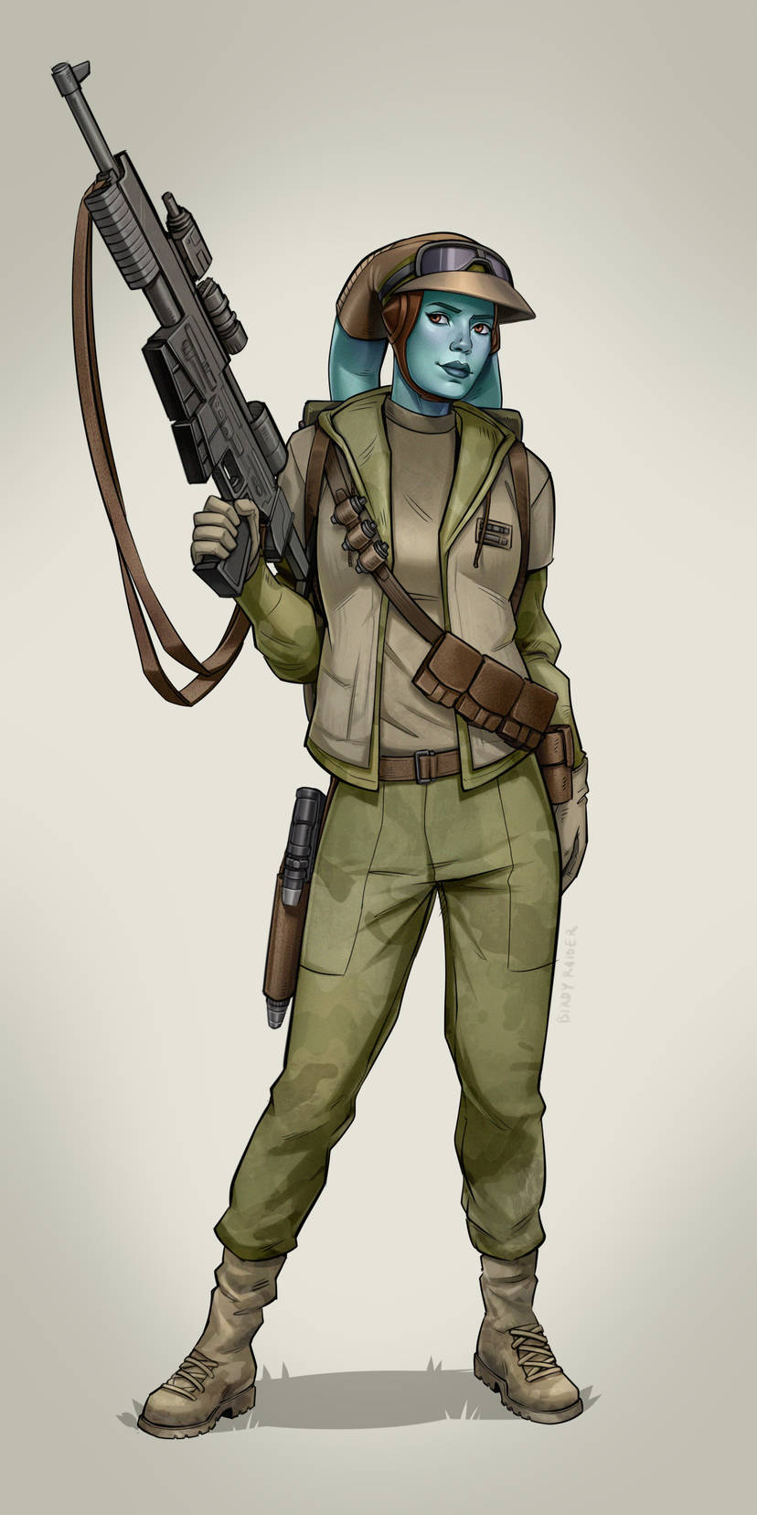 alien, belt, birdyraider, blue_skin, boots, brown_belt, brown_eyes, brown_headwear