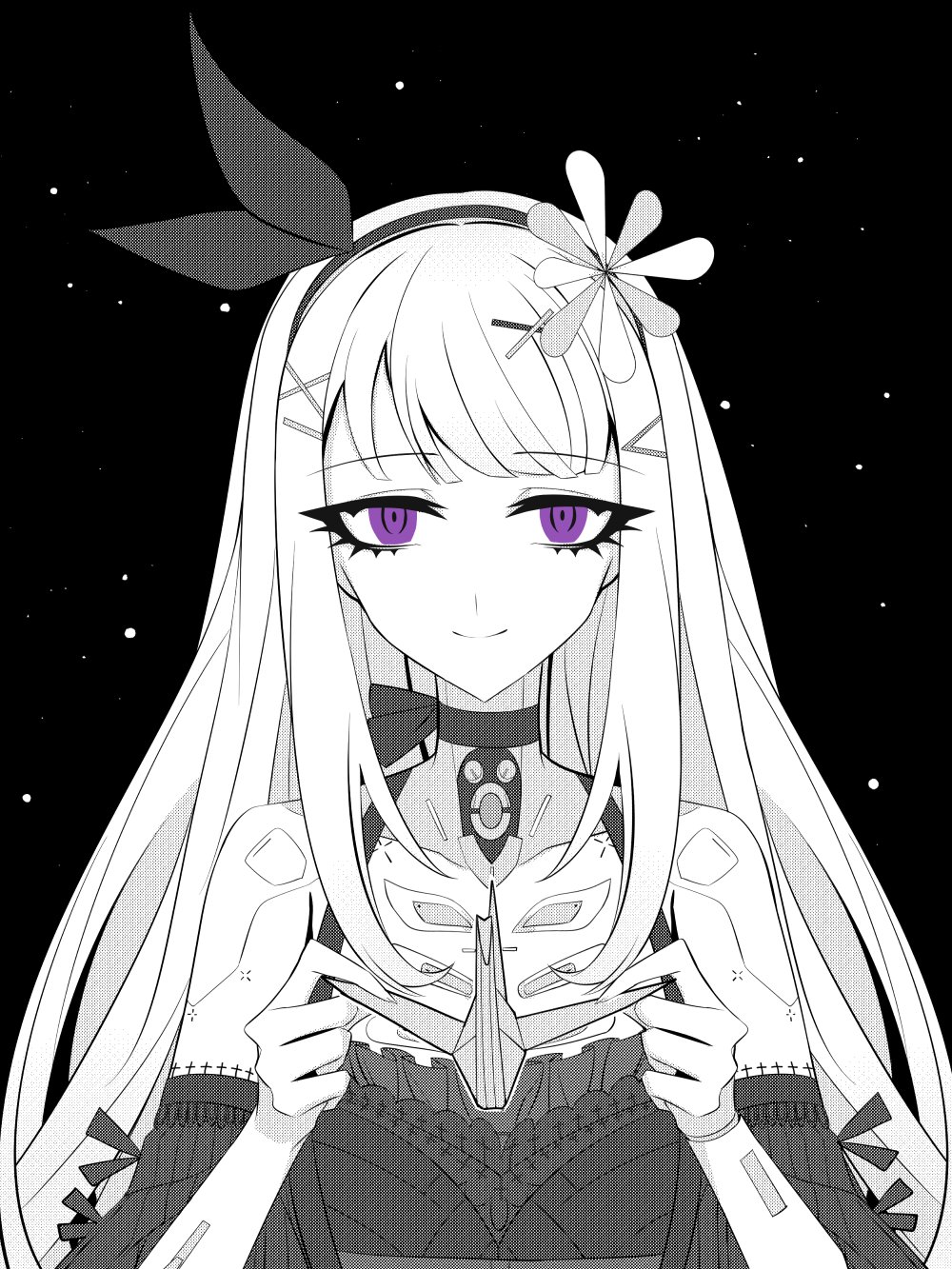 01pado_pado, 1boy, choker, closed_mouth, detached_sleeves, flower, greyscale, hair_flower
