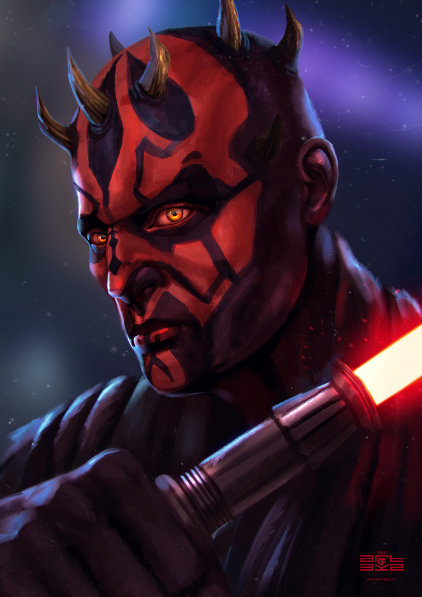 1boy, absurdres, alien, artist_name, black_gloves, black_robe, byzwa_dher, darth_maul