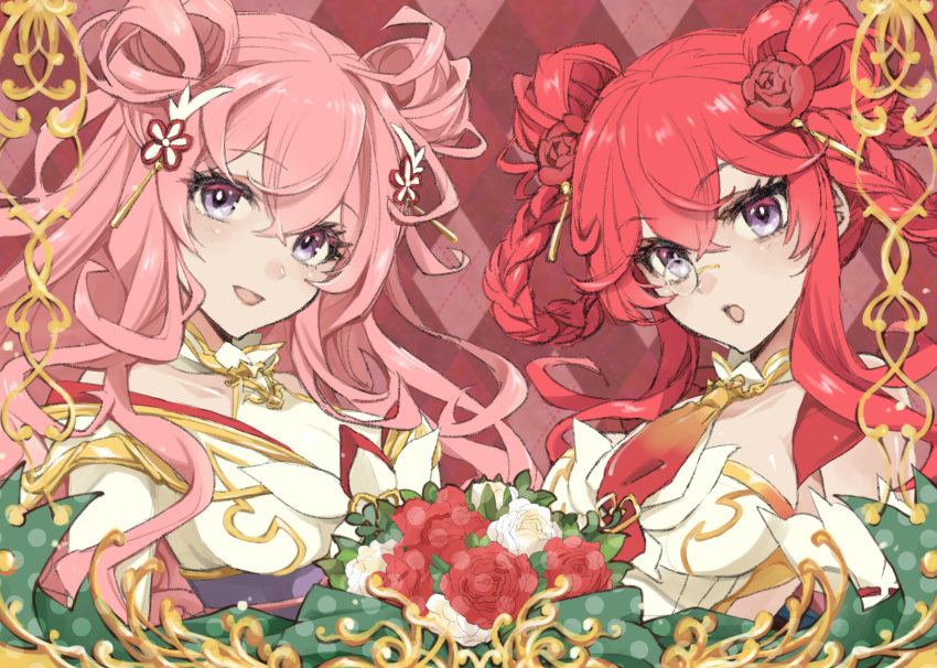2girls, ayakashi_rumble!, braid, braided_hair_rings, breasts, curly_hair, double_bun, eyelashes