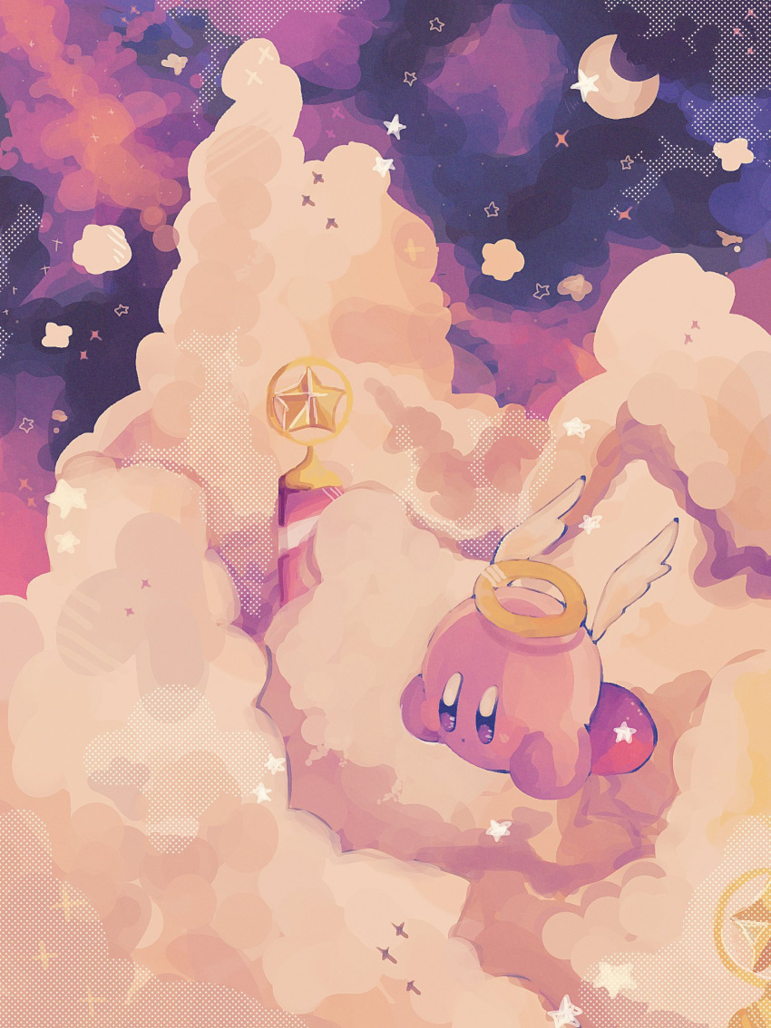 :o, angel_wings, bandages, blue_eyes, clouds, colored_skin, crescent_moon, cupid_kirby, flying, halo, highres, iroiro_(1616k_iro), kirby, kirby_(series), light_blush, moon, night, night_sky, no_humans, open_mouth, pink_skin, red_footwear, shadow, shoes, sky, solo, star_(sky), star_(symbol), white_wings, wings, yellow_halo