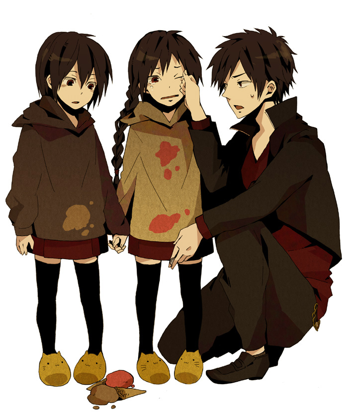 braid, brown_eyes, cat_slippers, durarara!!, food, holding_hands, hoodie, ice_cream, long_hair, okazu, orihara_izaya, orihara_kururi, orihara_mairu, short_hair, siblings, skirt, tears, thighhighs, twin_braids, wink, wiping_tears, young