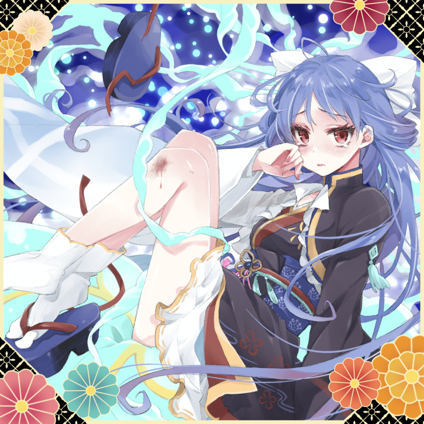 1girl, aoi_(ayakashi_rumble!), ayakashi_rumble!, blood, blue_hair, blush, bow, eyelashes