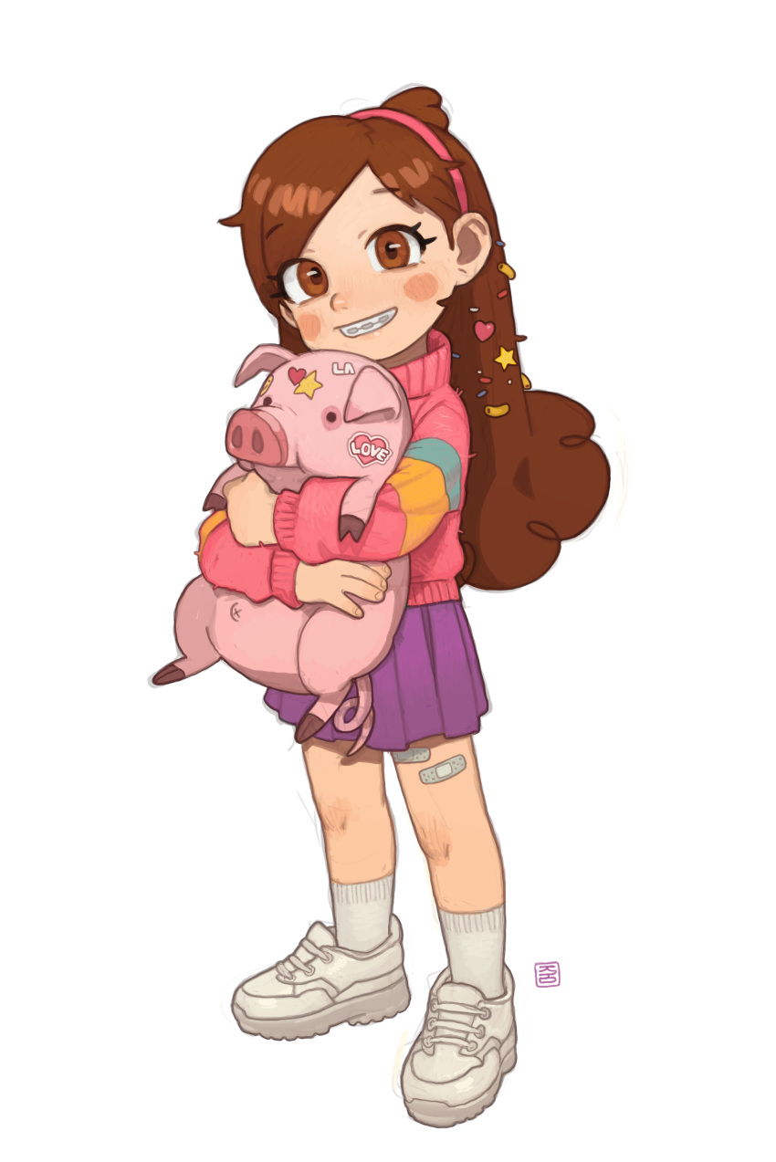 1girl, absurdres, bandaid, bandaid_on_leg, braces, brown_eyes, brown_hair, child