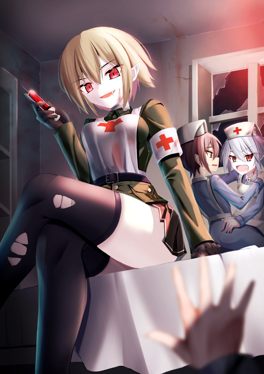 absurdres, black_gloves, blonde_hair, breasts, commission, corruption, dark_persona, fang