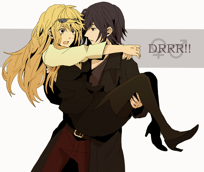 black_hair, blonde_hair, carrying, coat, durarara!!, genderswap, glasses, heiwajima_kasuka, heiwajima_shizuo, long_hair, okazu, pantyhose, princess_carry, short_hair, siblings, skirt, sunglasses, surprise, surprised