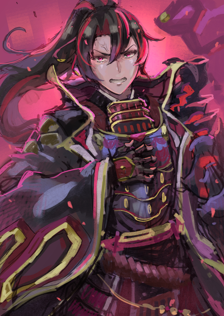 1boy, anger_vein, armor, black_hair, duel_monster, fingerless_gloves, gloves, hand_on_own_chest