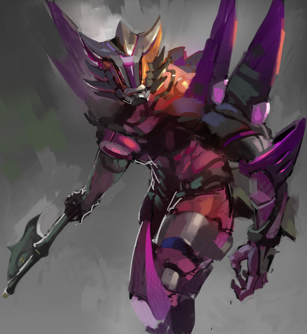 1boy, axe, closed_mouth, duel_monster, gauntlets, holding, holding_axe, kashtira_fenrir, kazo_(kazozakazo), looking_at_viewer, simple_background, yu-gi-oh!