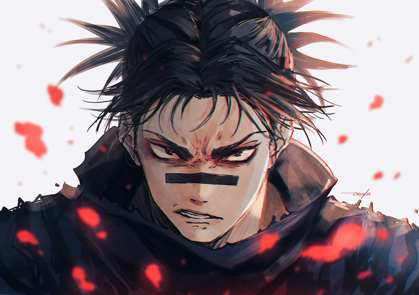 1boy, 28cg, absurdres, angry, black_hair, black_shirt, blood, choso_(jujutsu_kaisen)