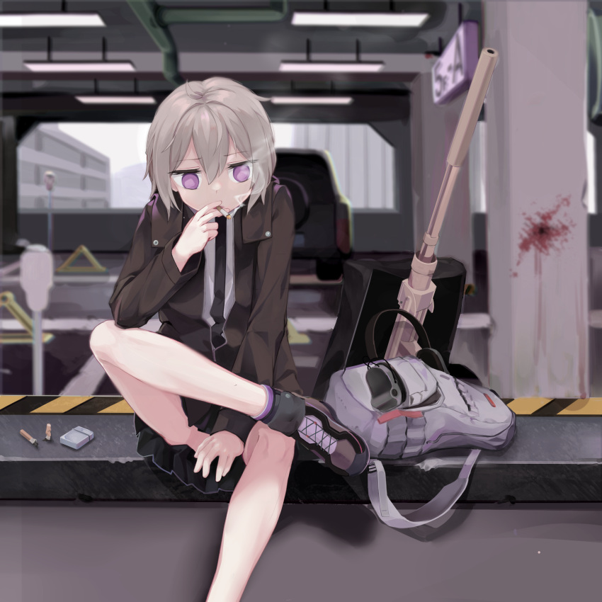 ahoge, backpack, bag, bolt_action, car, cheytac_m200, cigarette, girls_frontline, green_eyes, gun, highres, jacket, m200_(girls'_frontline), miniskirt, motor_vehicle, ponytail, rifle, shirt, skirt, smoking, sniper_rifle, stress, user_zzhx5244, weapon, white_shirt