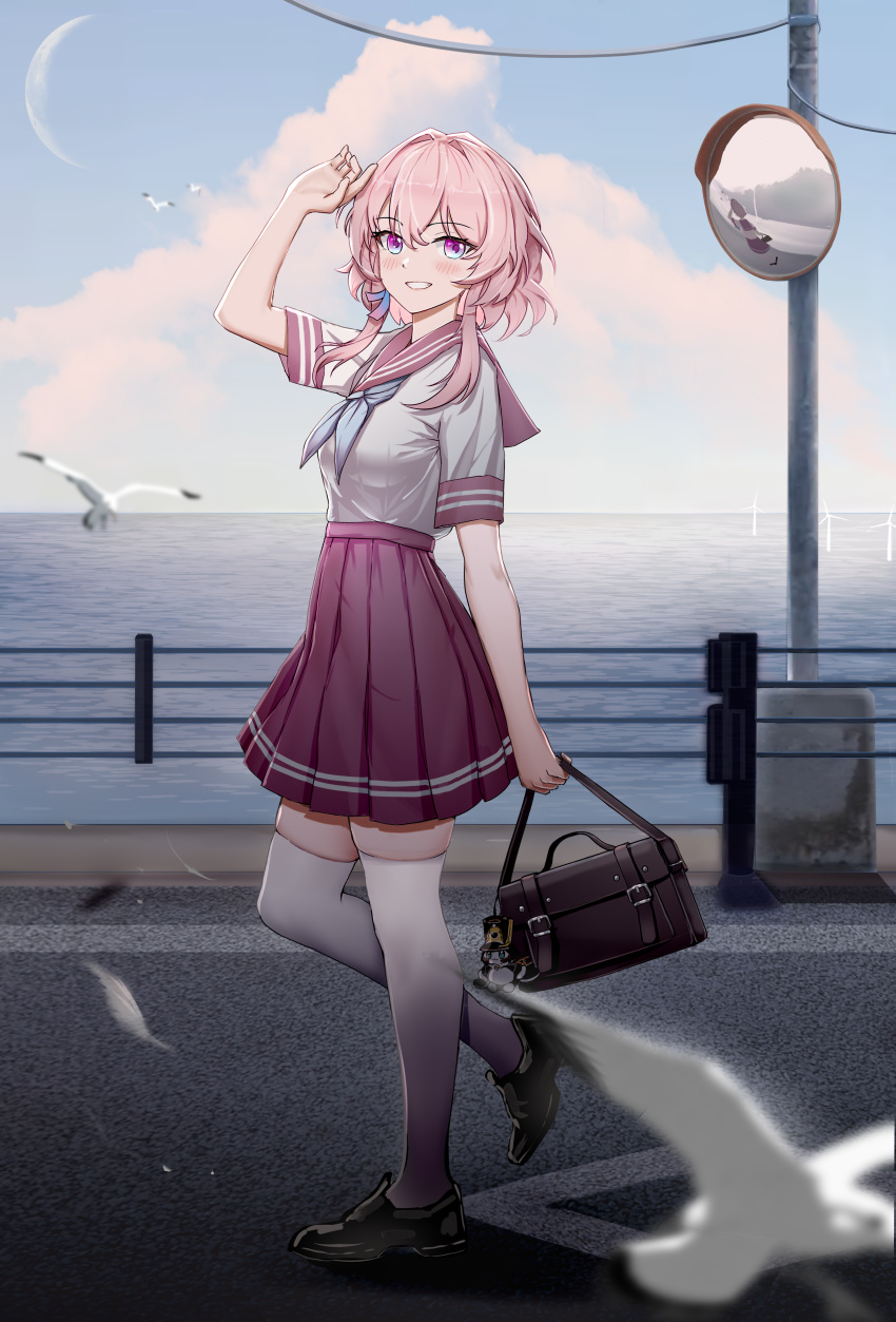1girl, absurdres, alternate_costume, bag, bird, black_footwear, blue_eyes, blue_neckerchief