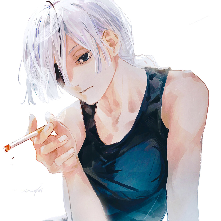 1girl, 28cg, absurdres, black_eyes, black_tank_top, chainsaw_man, cigarette, closed_mouth