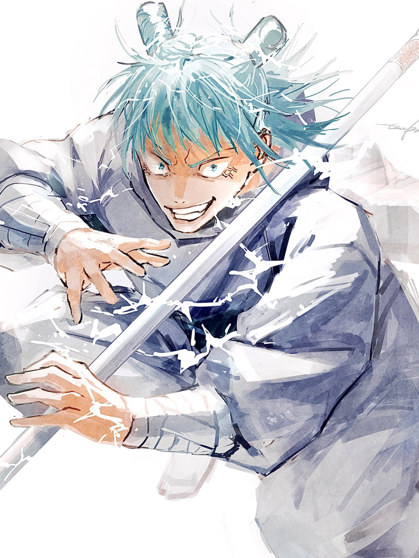 1boy, 28cg, absurdres, arm_wrap, blue_eyes, blue_hair, electricity, fighting_stance