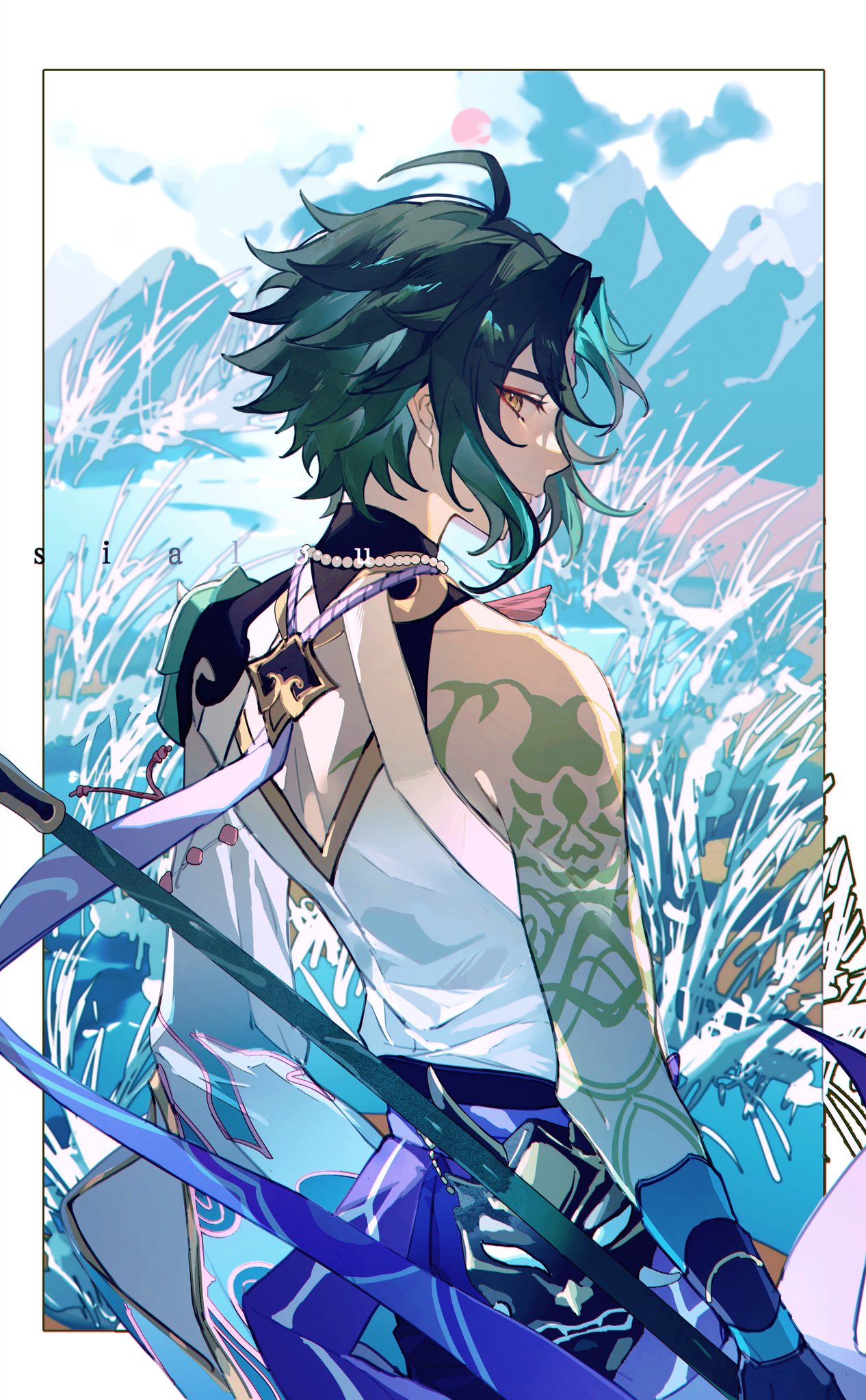 1boy, ahoge, arm_tattoo, bishounen, cowboy_shot, from_behind, genshin_impact, green_hair