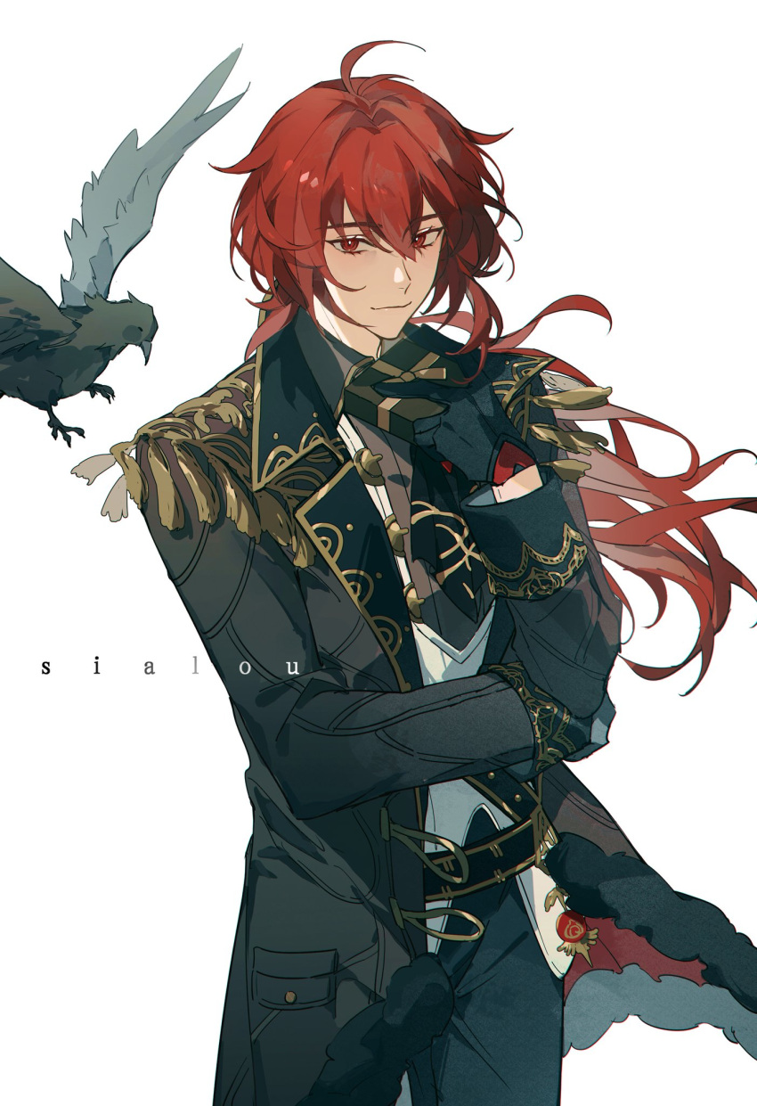 1boy, bird, bishounen, black_coat, black_gloves, coat, cowboy_shot, diluc_(genshin_impact)