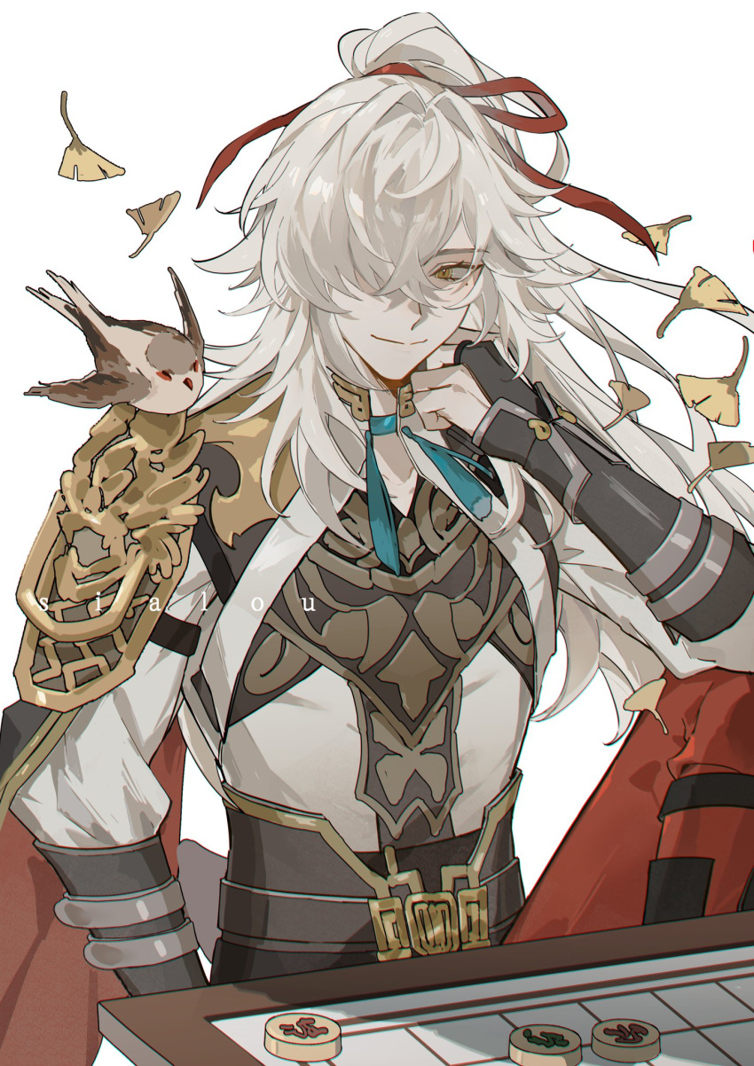 1boy, bird, bishounen, chinese_chess, crossed_legs, hair_over_one_eye, hair_ribbon, highres
