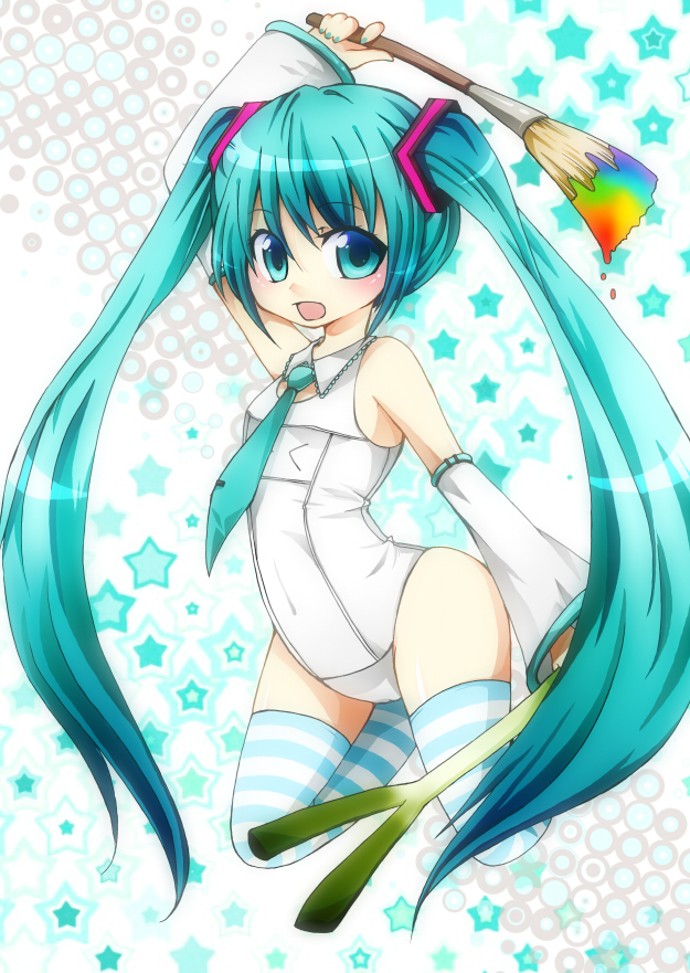 aqua_eyes, aqua_hair, detached_sleeves, hatsune_miku, hatsune_miku_no_bousou_(vocaloid), kneeling, long_hair, name_tag