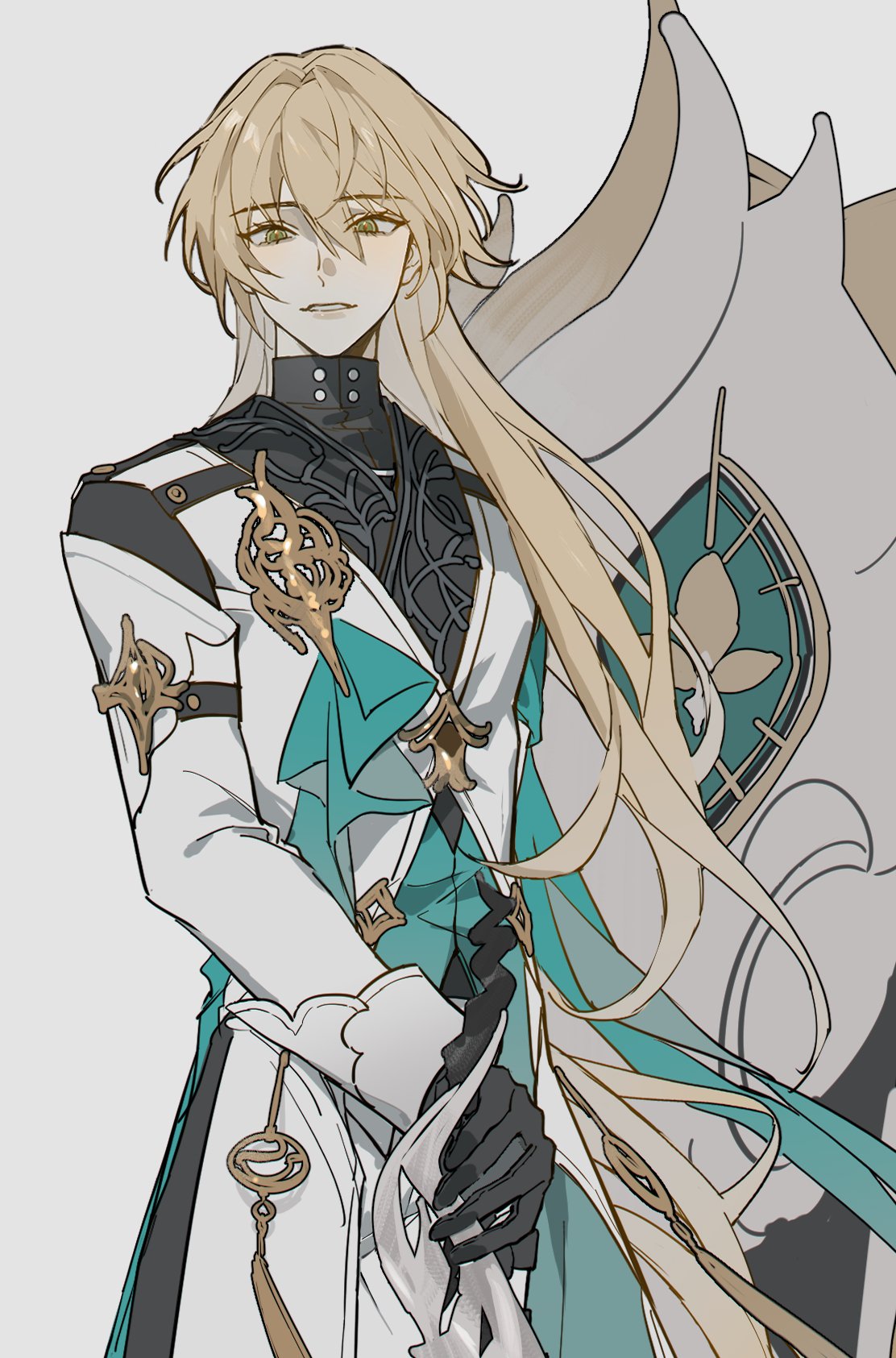 1boy, bishounen, black_gloves, blonde_hair, chinese_clothes, cowboy_shot, gloves, green_eyes