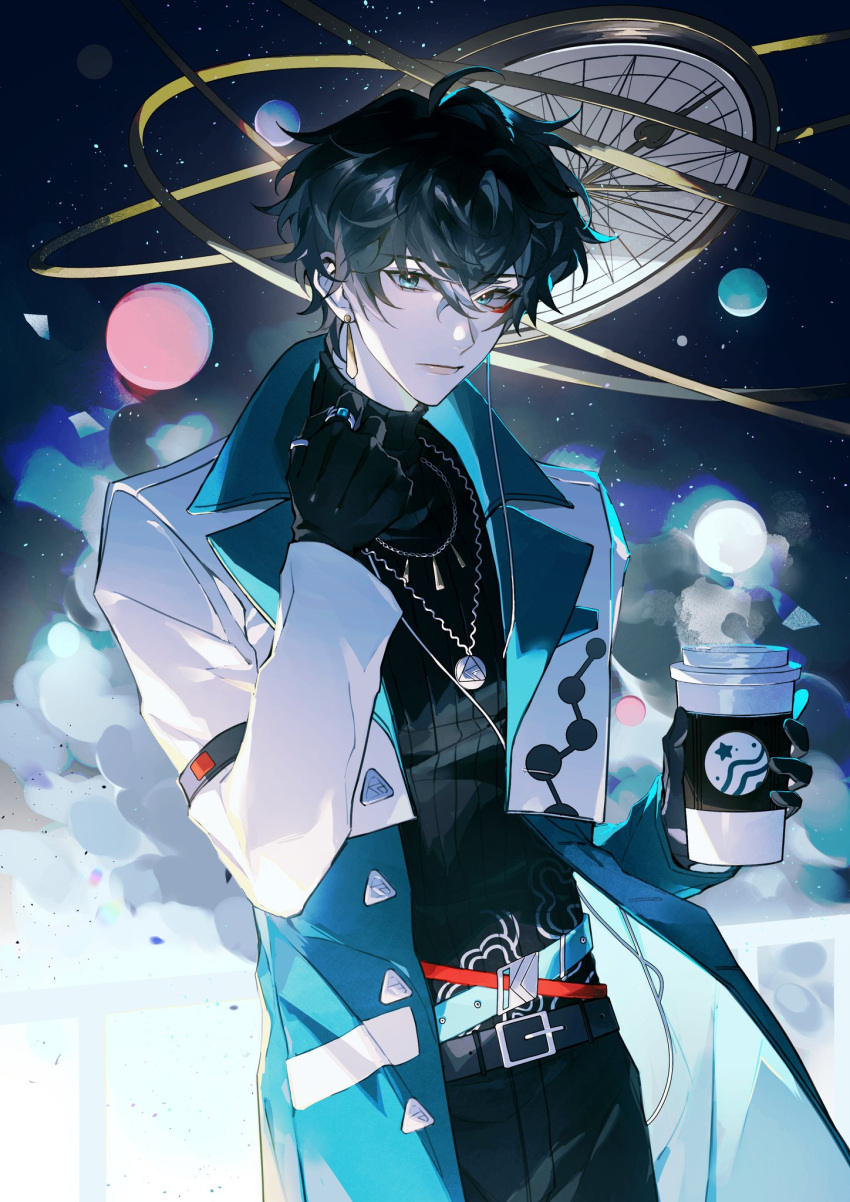 1boy, belt, bishounen, black_gloves, black_hair, black_sweater, coat, coffee_cup