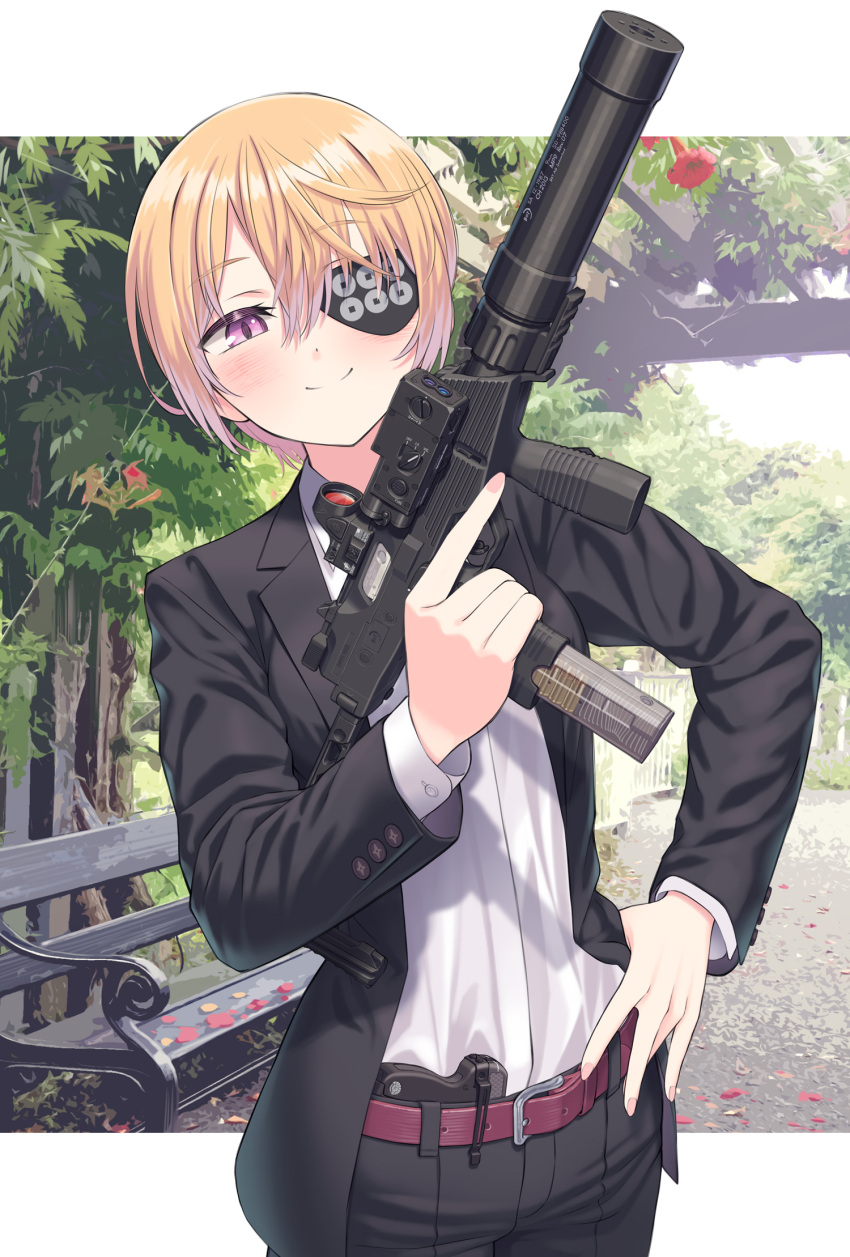 1girl, b&amp;t_mp9, belt, bench, black_jacket, black_pants, blonde_hair, blush