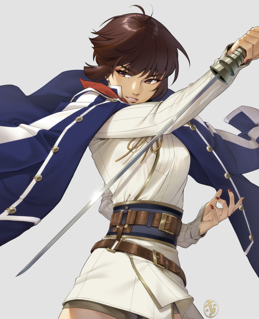 1girl, belt, blunt_bangs, brown_eyes, brown_hair, coat, highres, holding, holding_sword, holding_weapon, irene_koh, isabeau_(smt), nail_polish, red_eyes, shin_megami_tensei, shin_megami_tensei_iv, short_hair, shorts, simple_background, smile, solo, sword, weapon