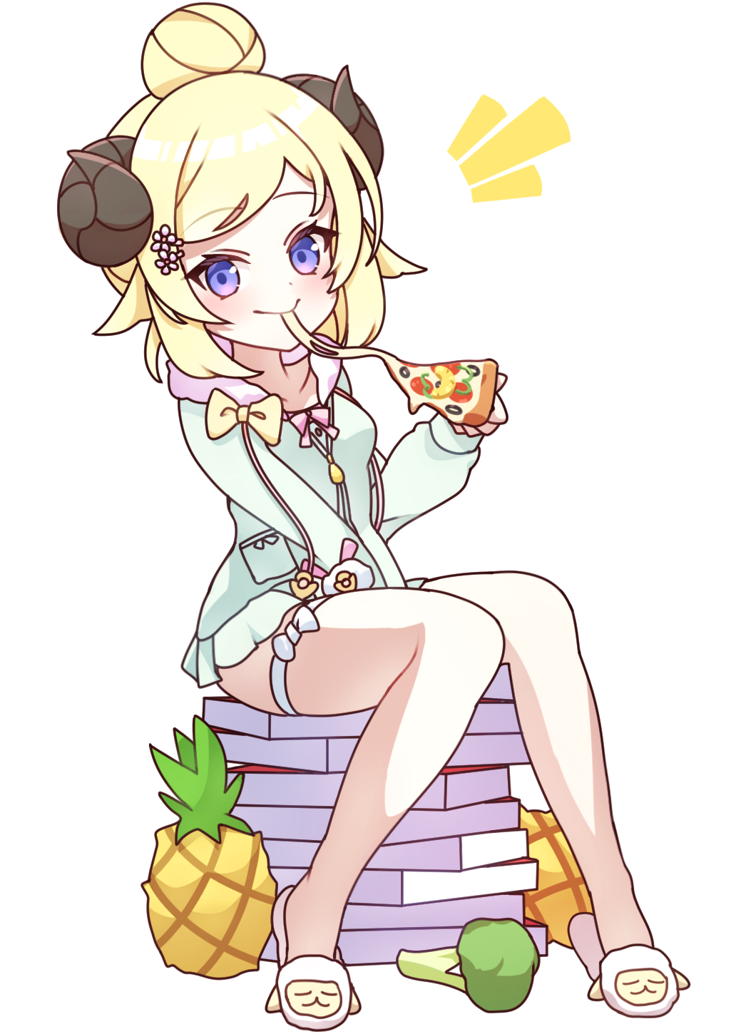 1girl, blonde_hair, cross_(vgne4542), food, fruit, highres, hololive, pineapple, pizza, solo, tsunomaki_watame, tsunomaki_watame_(5th_costume), violet_eyes