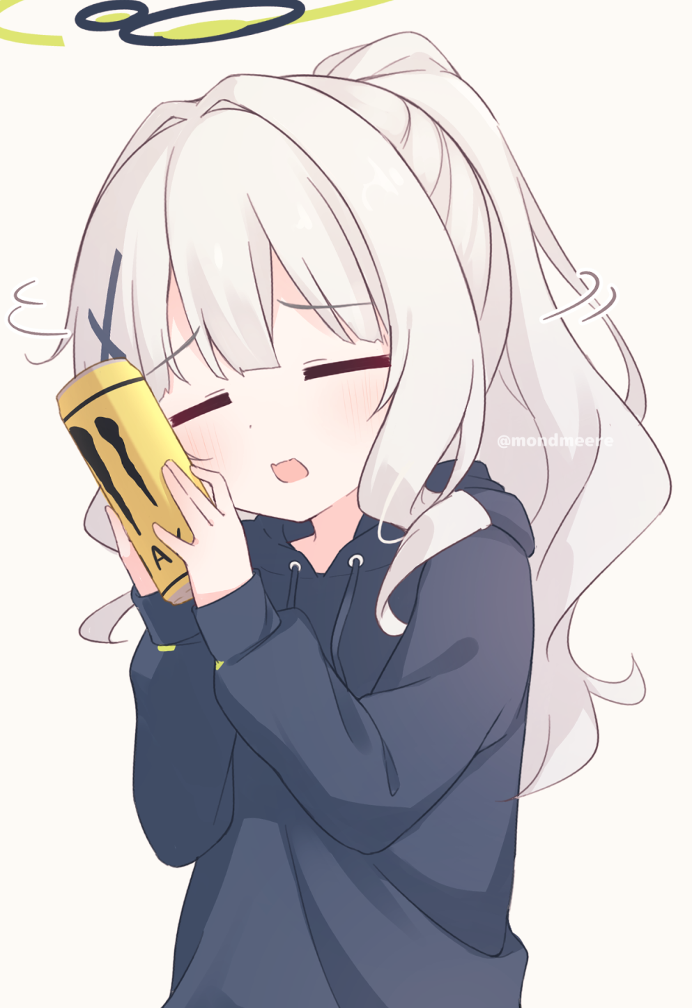 1girl, artist_name, blue_archive, blue_hoodie, can, closed_eyes, drawstring, green_halo