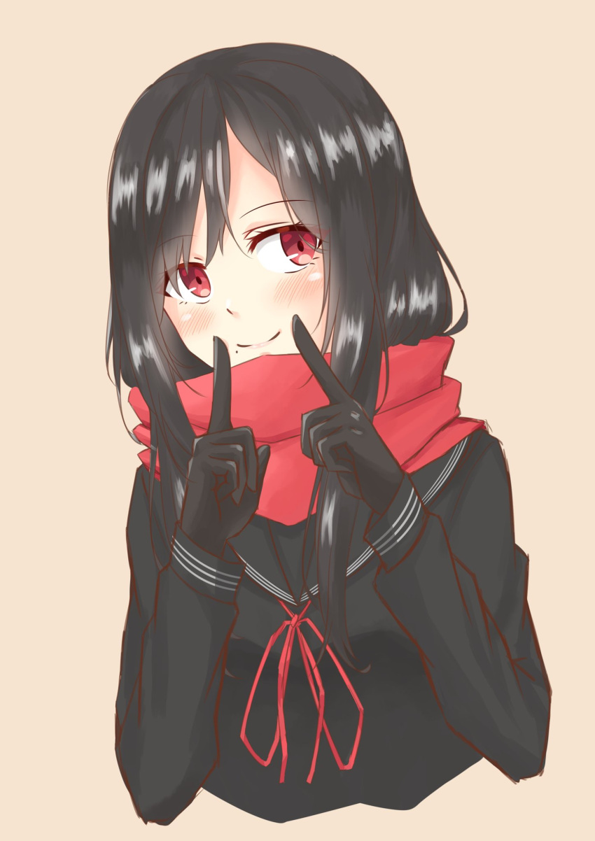 1girl, black_gloves, black_hair, black_shirt, blush, brown_background, finger_to_face, gloves