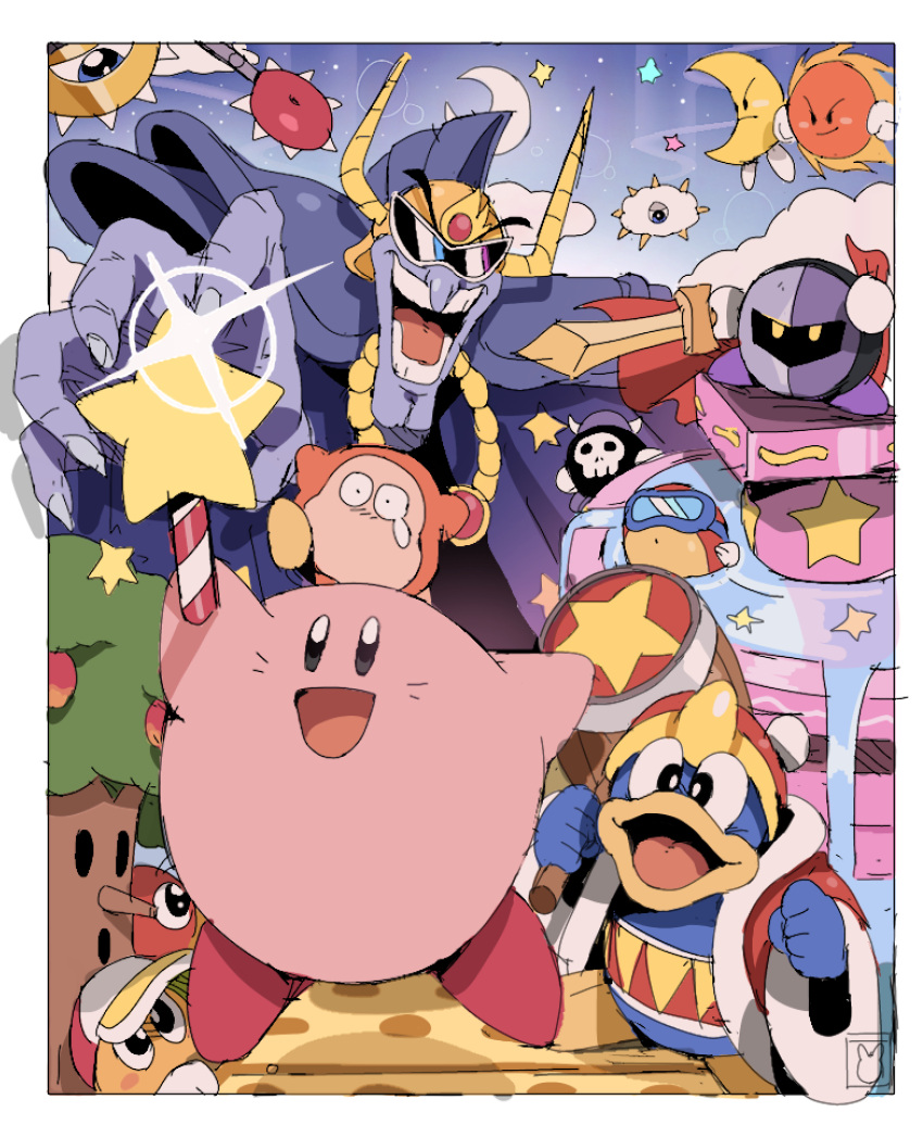 1other, 3boys, 90s, :d, apple, armor, arms_up, baseball_cap