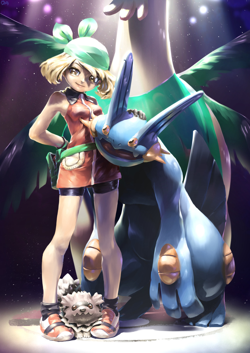 1girl, absurdres, alternate_eye_color, alternate_hair_color, bandana, bare_shoulders, bike_shorts, black_footwear