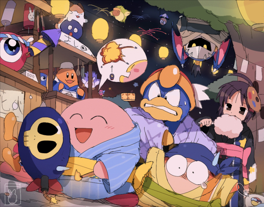 1girl, 2others, 6+boys, :d, :o, ^_^, adeleine, aerial_fireworks