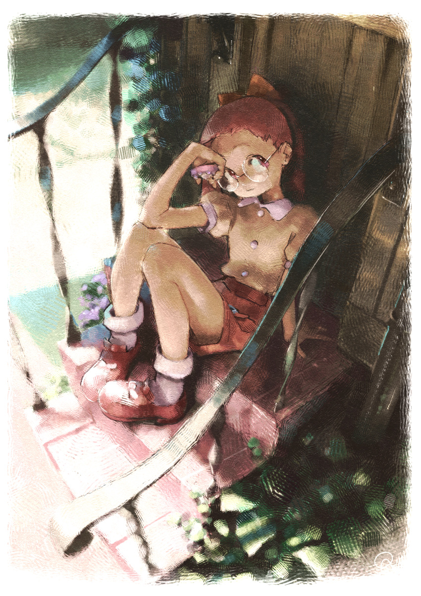 1girl, bobby_socks, bow, closed_mouth, collared_shirt, door, fujiwara_hazuki, hair_bow
