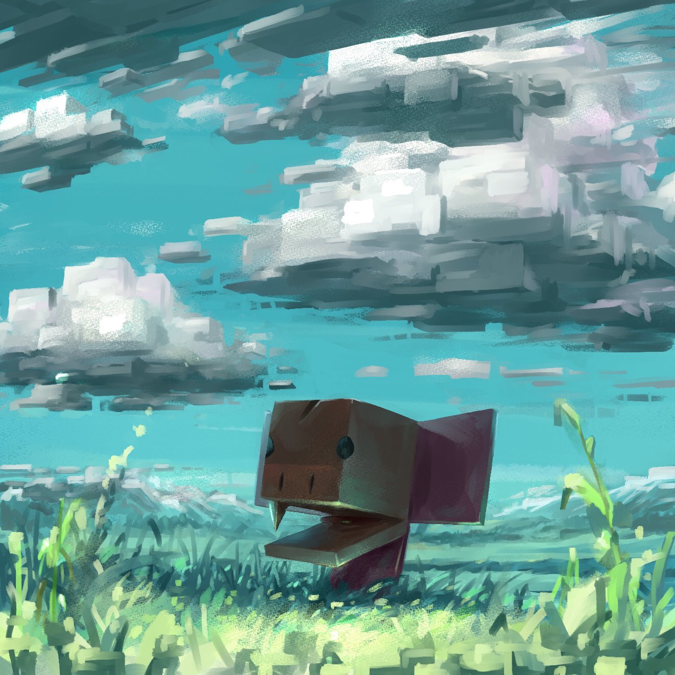 blue_sky, clouds, cubivore, day, fang, field, grass, highres