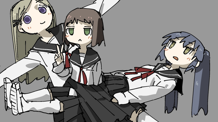 3girls, :<, black_hair, black_skirt, blonde_hair, brown_hair, closed_mouth, cowboy_shot, green_eyes, grey_background, highres, long_hair, long_sleeves, multiple_girls, neckerchief, open_mouth, original, pleated_skirt, red_neckerchief, sailor_collar, school_uniform, serafuku, shirt, shirt_tucked_in, shoes, short_hair, simple_background, skirt, smile, socks, t-pose, tsukumizu_yuu, twintails, v, violet_eyes, wall_clipping, white_footwear, white_serafuku, white_shirt, white_socks, yellow_eyes