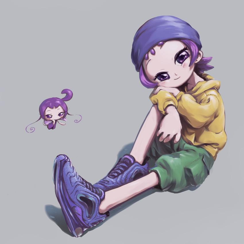 1girl, absurdres, beanie, blue_footwear, blue_headwear, closed_mouth, full_body, green_shorts