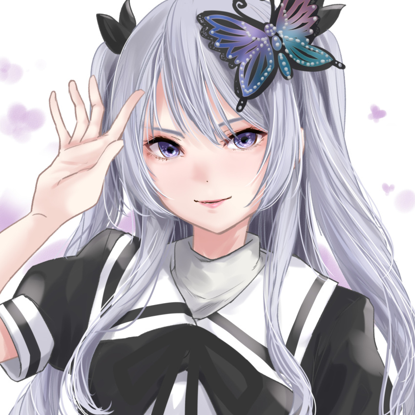 1girl, arm_at_side, assault_lily, black_ribbon, butterfly_hair_ornament, closed_mouth, commentary_request, cropped_jacket