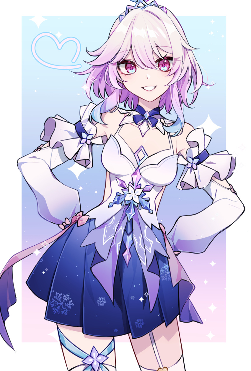 1girl, armpit_crease, bare_shoulders, blue_dress, blue_eyes, border, breasts, clothing_cutout