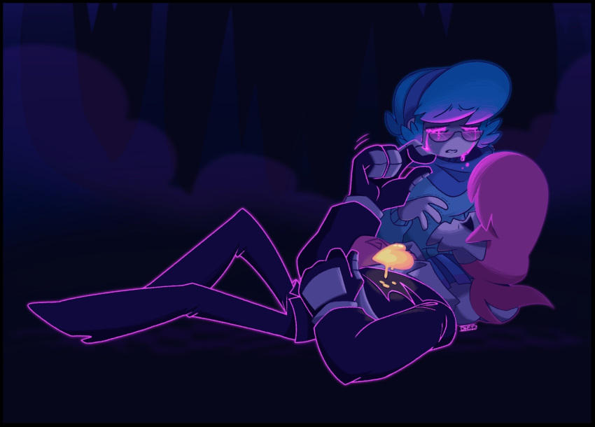 1boy, 1girl, black_shirt, blue_hair, blue_hairband, blue_sweater, crying, danicloth