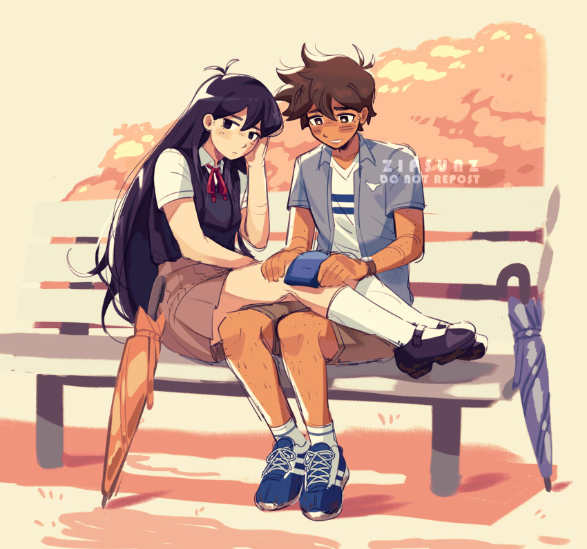 1boy, 1girl, bench, black_eyes, black_footwear, black_hair, blue_footwear, brown_eyes