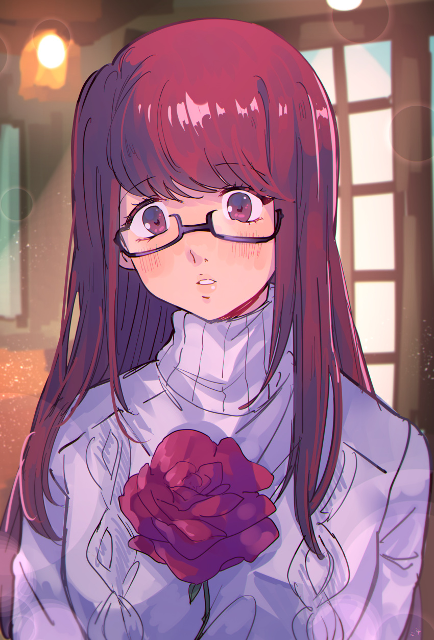 1girl, absurdres, black-framed_eyewear, brown_eyes, brown_hair, flower, glasses, grey_sweater