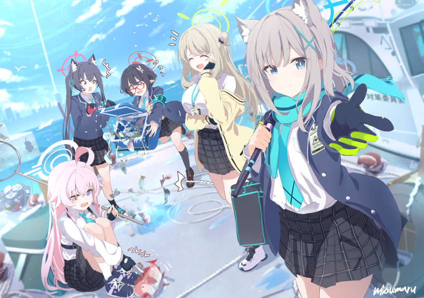 5girls, absurdres, ahoge, animal_ears, armband, ayane_(blue_archive), black_hair, black_jacket