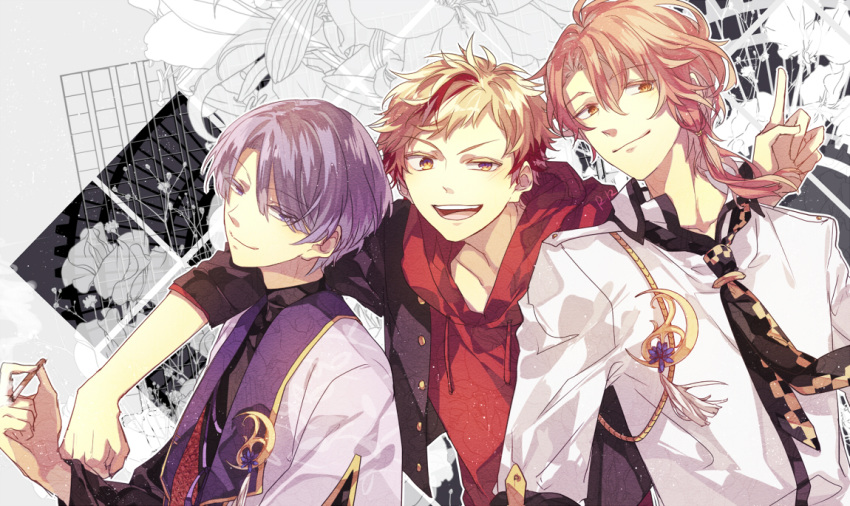 3boys, :d, arm_around_shoulder, asymmetrical_hair, black_jacket, black_necktie, black_shirt, blonde_hair