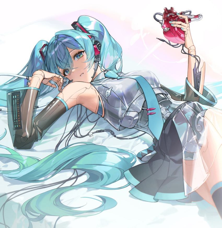 1girl, absurdres, android, black_skirt, blue_eyes, blue_hair, blue_nails, blue_necktie