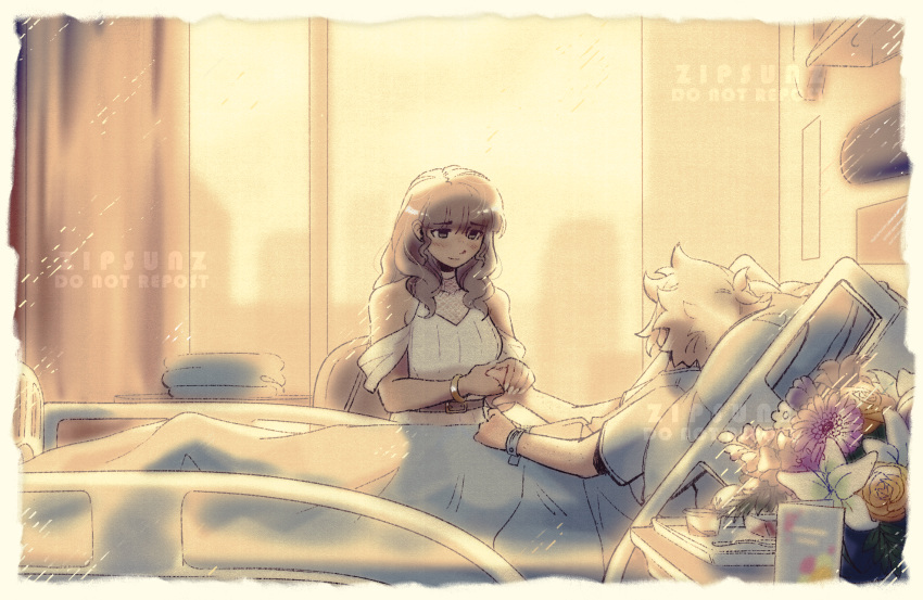 1boy, 1girl, basil_(faraway)_(omori), basil_(omori), bed, blonde_hair, blunt_bangs, bracelet